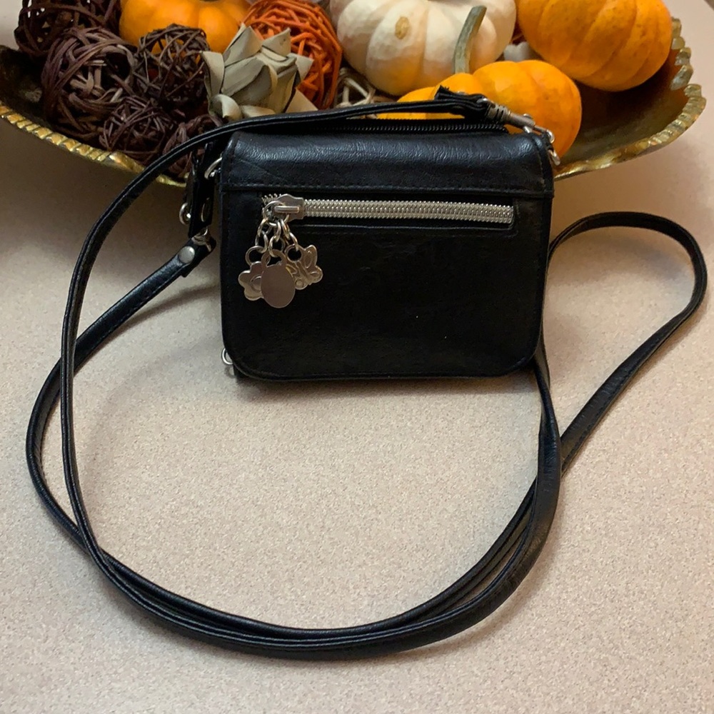 Black Faux Leather Crossbody Bag - Folds to 5” x 4” x 1.5” Detachable Strap